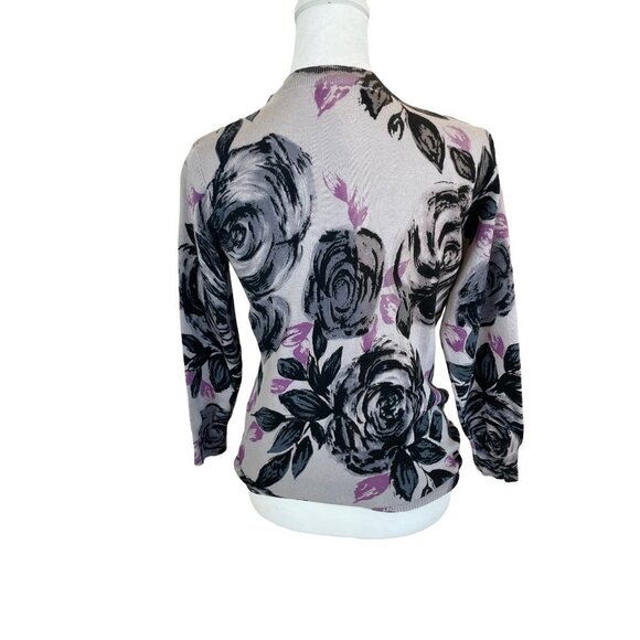 Black NWT Purple Pink Floral Cardigan Sweater with Black “Jewel” Accents Sz MP - Picture 2 of 10